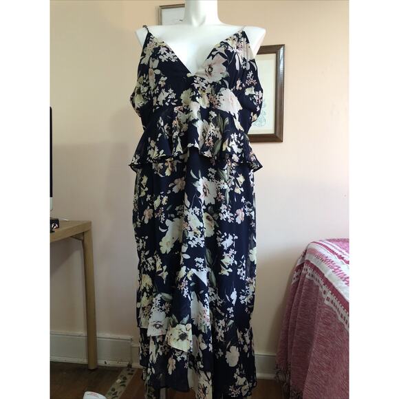 NWT Boohoo Sleeveless Tiered Dress Size 20 Navy Blue Peplum Floral Cottage - Picture 1 of 12